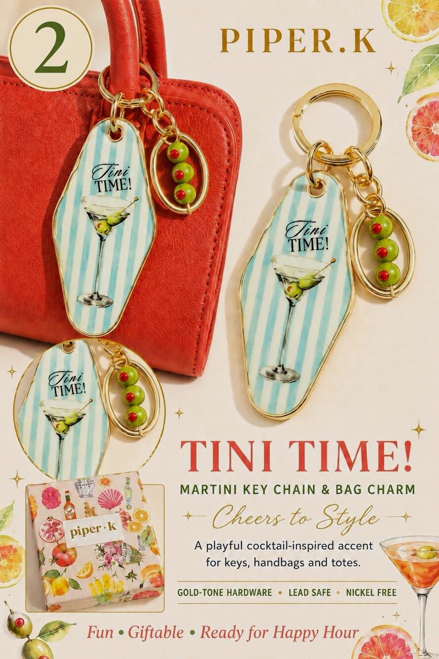 PIPER.K Tini Time Martini Key Chain Bag Charm Beaded Striped Gold Blue Green